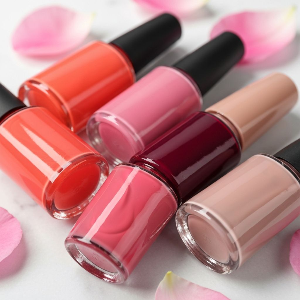 Colourful nail polish bottles on a marble surface with pink flower petals
